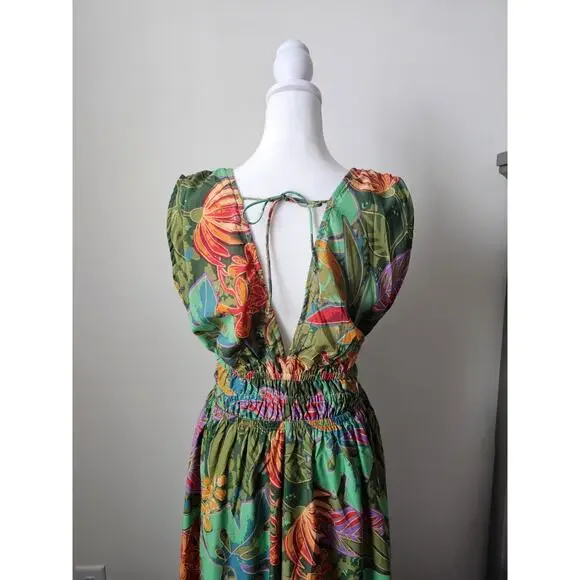 Indulge Style Deep Double V-Neck Green Smocked Floral Maxi Dress Size XL - Picture 4 of 7